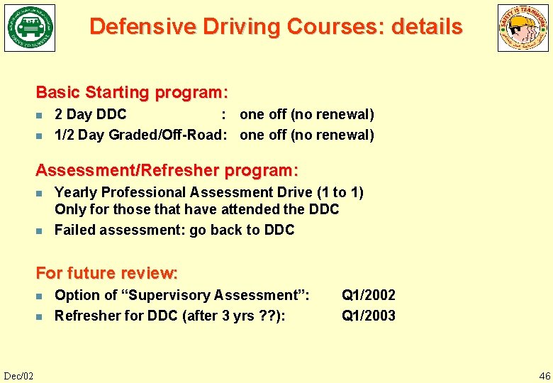 Defensive Driving Courses: details Basic Starting program: n n 2 Day DDC : one