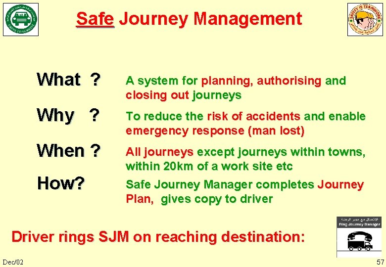 Safe Journey Management What ? A system for planning, authorising and closing out journeys