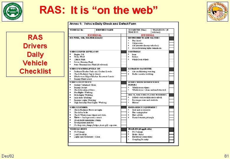 RAS: It is “on the web” RAS Drivers Daily Vehicle Checklist Dec/02 81 