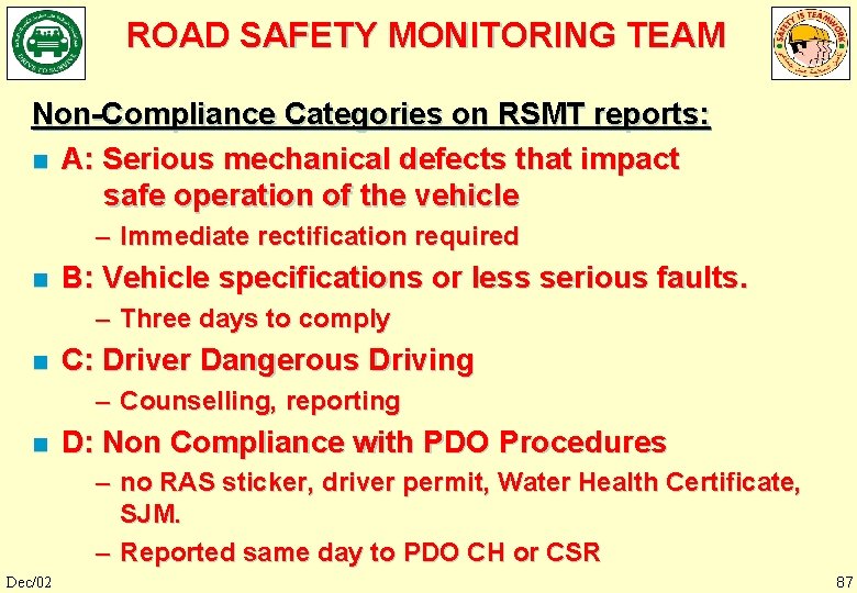 ROAD SAFETY MONITORING TEAM Non-Compliance Categories on RSMT reports: n A: Serious mechanical defects