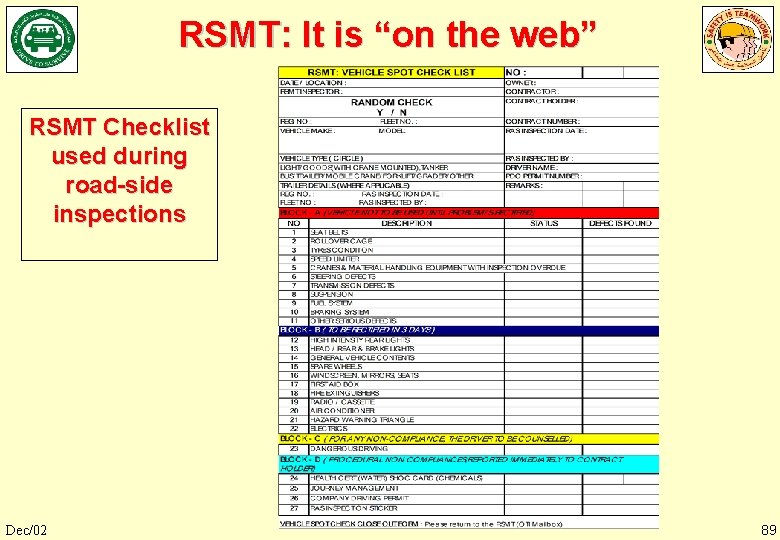 RSMT: It is “on the web” RSMT Checklist used during road-side inspections Dec/02 89