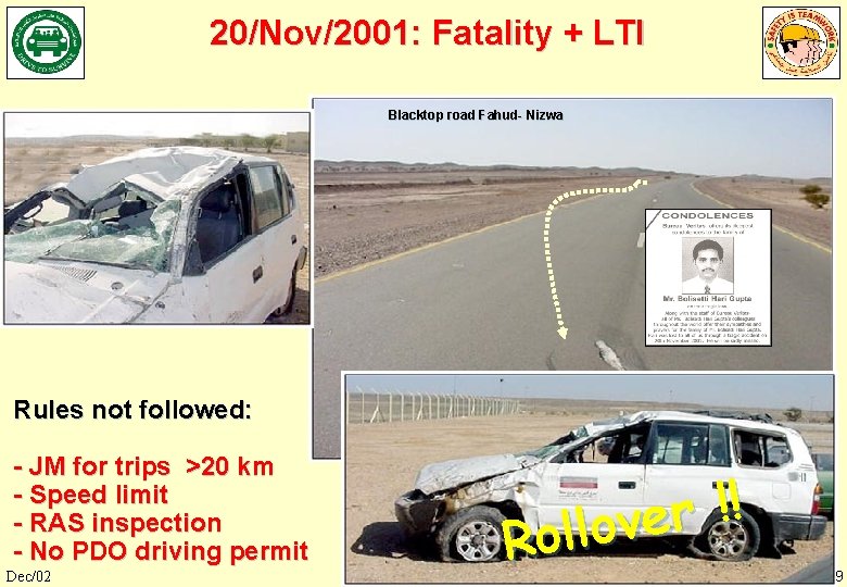 20/Nov/2001: Fatality + LTI Blacktop road Fahud- Nizwa Rules not followed: - JM for