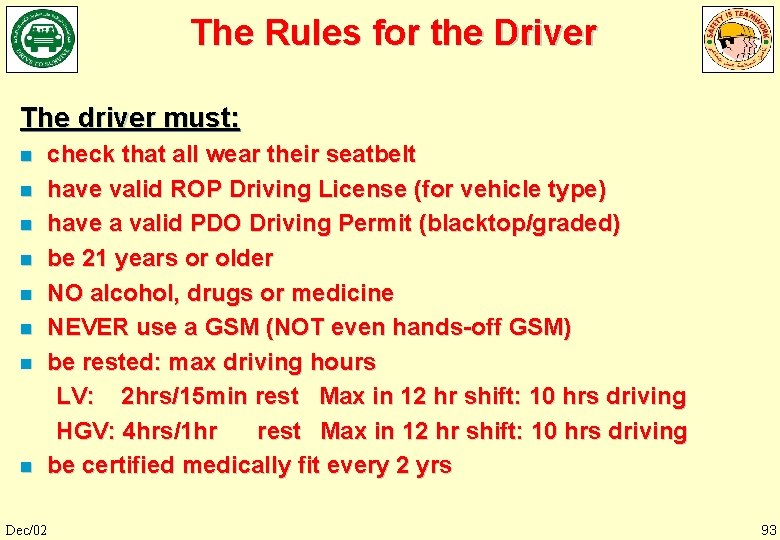 The Rules for the Driver The driver must: n n n n Dec/02 check