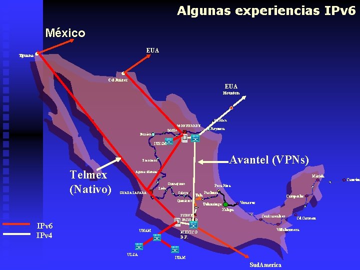 Algunas experiencias IPv 6 México EUA Tijuana Cd Juárez EUA Houston Mc Allen Torréon