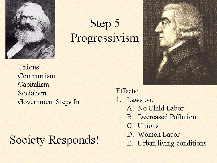Step 5 Progressivism Unions Communism Capitalism Socialism Government Steps In Society Responds! Effects: 1.