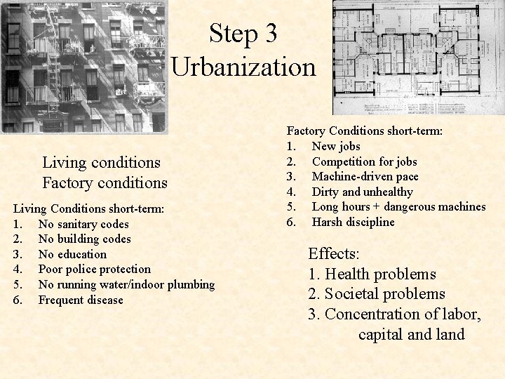 Step 3 Urbanization Living conditions Factory conditions Living Conditions short-term: 1. No sanitary codes