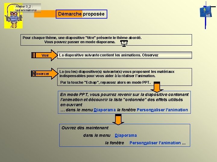 Atelier 3_2 : les animations 4 Démarche proposée Pour chaque thème, une diapositive "titre"