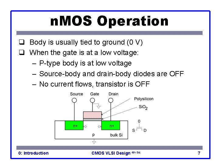 n. MOS Operation q Body is usually tied to ground (0 V) q When