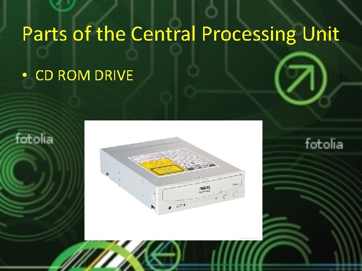 Parts of the Central Processing Unit • CD ROM DRIVE Parts of the Central Processing Unit • CD ROM DRIVE