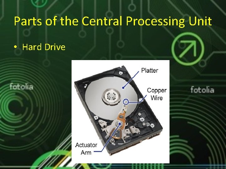 Parts of the Central Processing Unit • Hard Drive Parts of the Central Processing Unit • Hard Drive