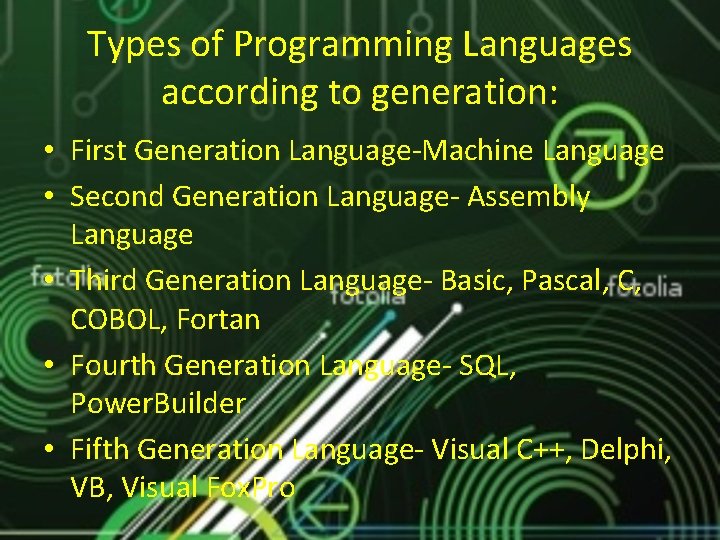 Types of Programming Languages according to generation: • First Generation Language-Machine Language • Second Types of Programming Languages according to generation: • First Generation Language-Machine Language • Second