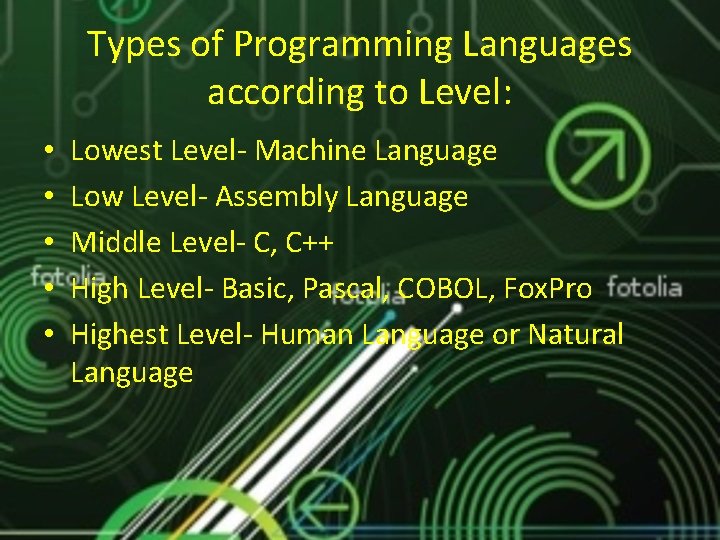 Types of Programming Languages according to Level: • • • Lowest Level- Machine Language Types of Programming Languages according to Level: • • • Lowest Level- Machine Language