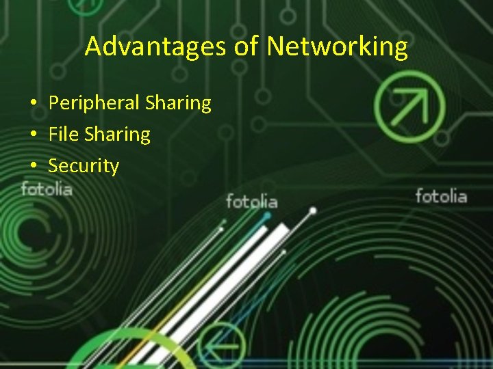 Advantages of Networking • Peripheral Sharing • File Sharing • Security Advantages of Networking • Peripheral Sharing • File Sharing • Security