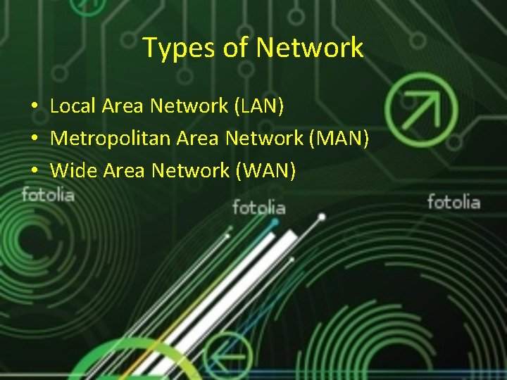 Types of Network • Local Area Network (LAN) • Metropolitan Area Network (MAN) •