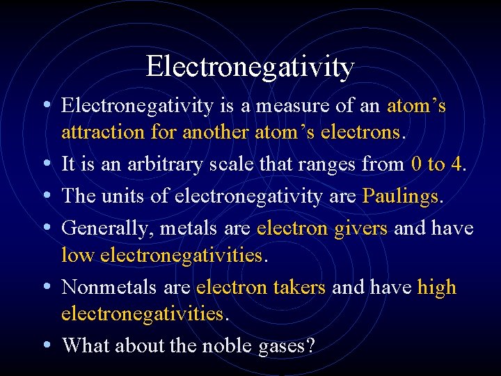 Electronegativity • Electronegativity is a measure of an atom’s • • • attraction for