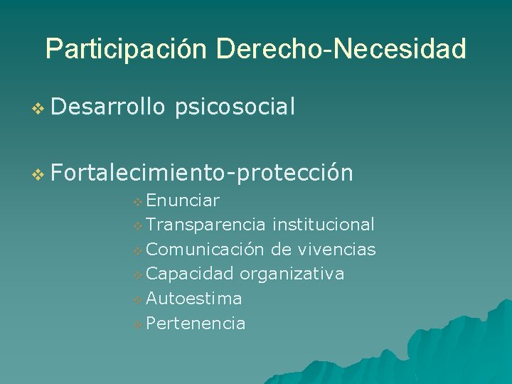 Participación Derecho-Necesidad v Desarrollo psicosocial v Fortalecimiento-protección v Enunciar v Transparencia institucional v Comunicación