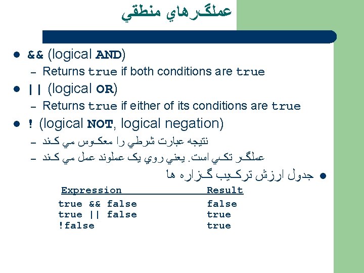  ﻋﻤﻠگﺮﻫﺎﻱ ﻣﻨﻄﻘﻲ l && (logical AND) – l || (logical OR) – l