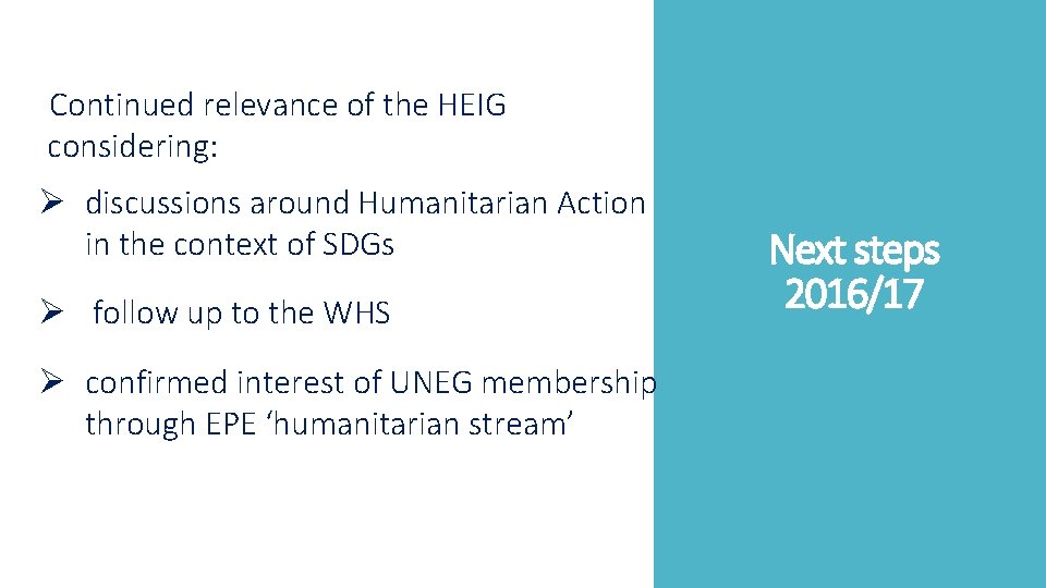 Continued relevance of the HEIG considering: Ø discussions around Humanitarian Action in the context