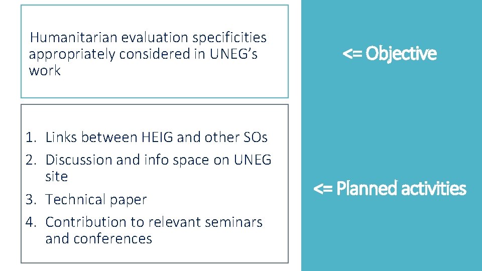 Humanitarian evaluation specificities appropriately considered in UNEG’s work <= Objective 1. Links between HEIG