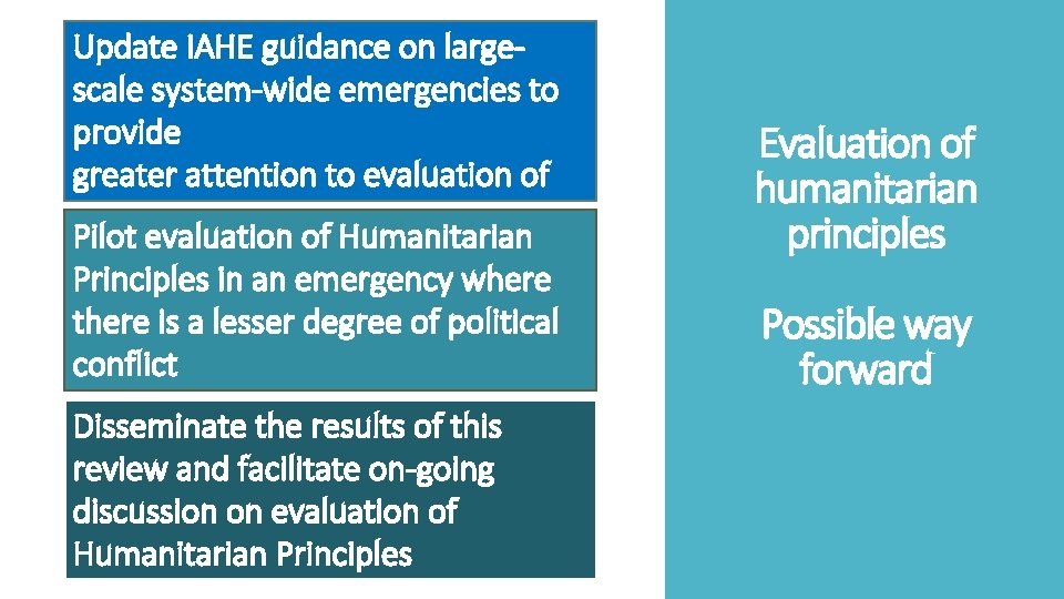 Update IAHE guidance on largescale system-wide emergencies to provide. greater attention to evaluation of