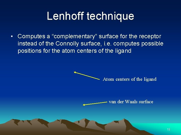 Lenhoff technique • Computes a “complementary” surface for the receptor instead of the Connolly