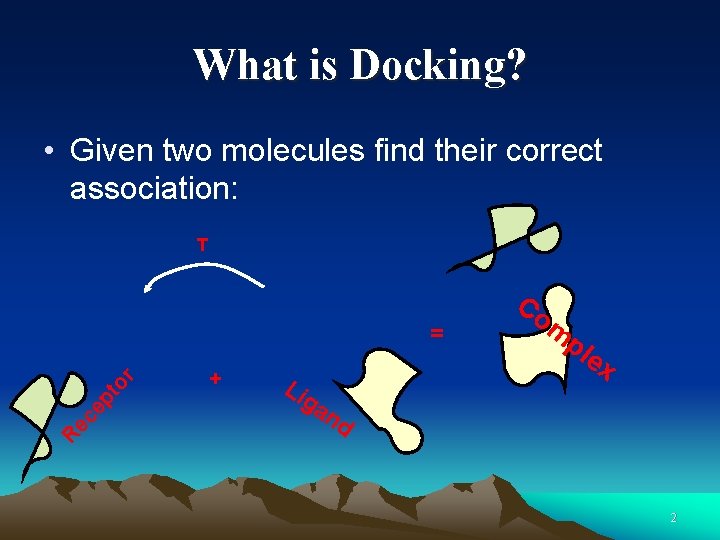 What is Docking? • Given two molecules find their correct association: T Re ce