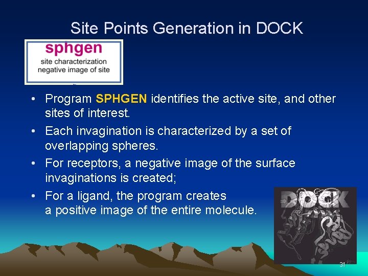 Site Points Generation in DOCK • Program SPHGEN identifies the active site, and other