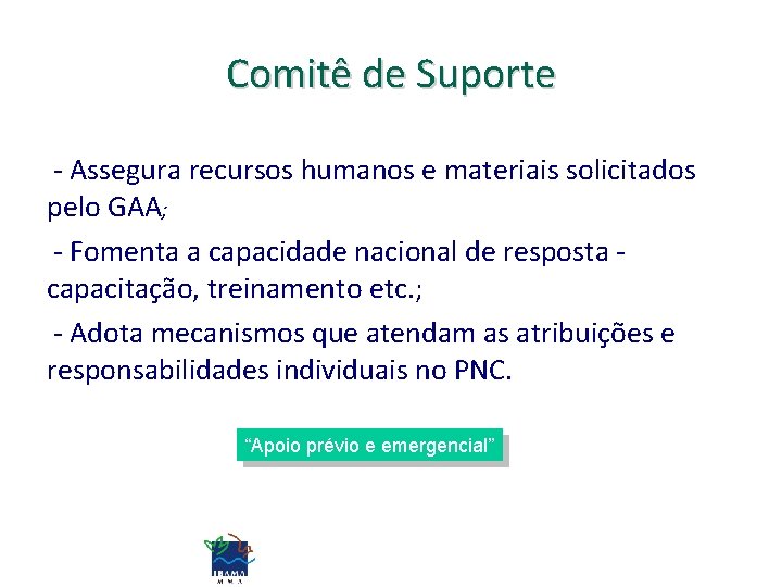 Comitê de Suporte - Assegura recursos humanos e materiais solicitados pelo GAA; - Fomenta