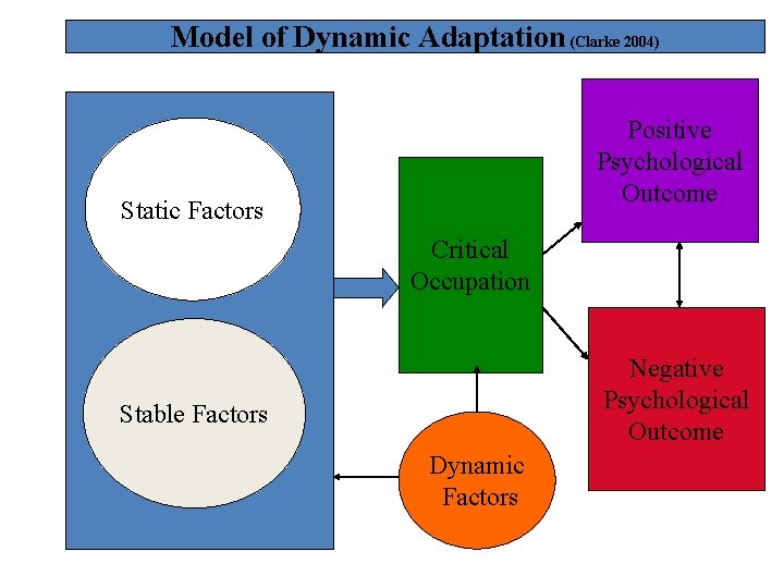 Model of Dynamic Adaptation (Clarke 2004) Positive Psychological Outcome Static Factors Critical Occupation Negative