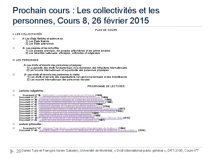 Prochain cours : Les collectivités et les personnes, Cours 8, 26 février 2015 PLAN