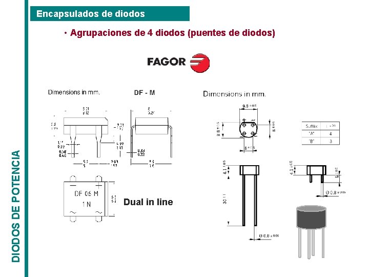 Encapsulados de diodos DIODOS DE POTENCIA • Agrupaciones de 4 diodos (puentes de diodos)