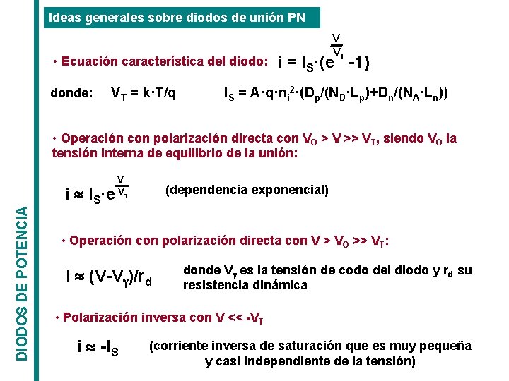 Ideas generales sobre diodos de unión PN • Ecuación característica del diodo: donde: VT