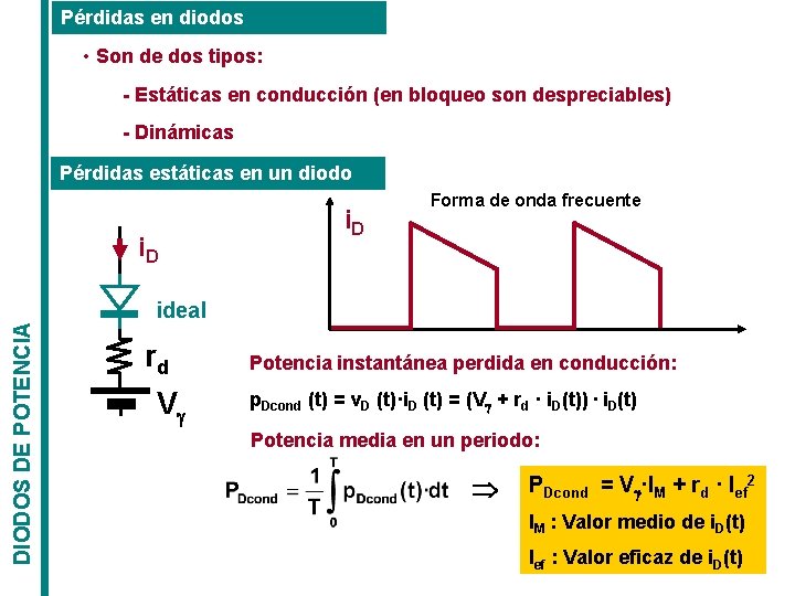 Pérdidas en diodos • Son de dos tipos: - Estáticas en conducción (en bloqueo