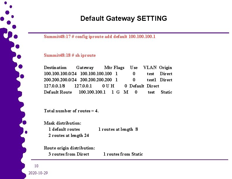 Default Gateway SETTING Summit 48: 17 # config iproute add default 100. 1 Summit