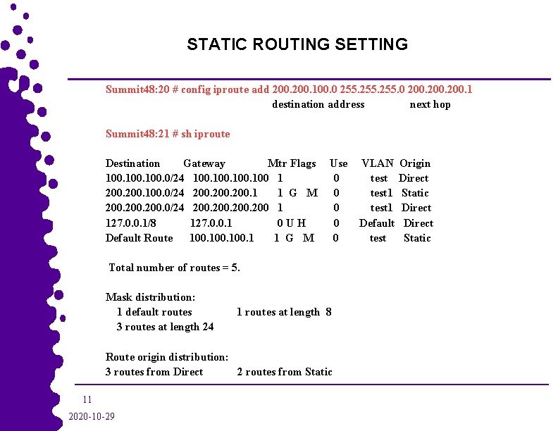 STATIC ROUTING SETTING Summit 48: 20 # config iproute add 200. 100. 0 255.