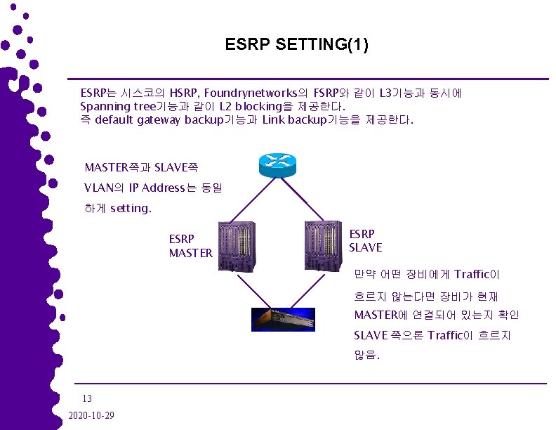 ESRP SETTING(1) 시스코의 HSRP, Foundrynetworks의 FSRP와 같이 L 3기능과 동시에 ESRP는 Spanning tree기능과 같이