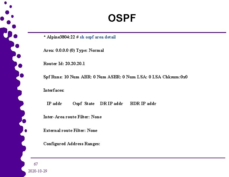 OSPF * Alpine 3804: 22 # sh ospf area detail Area: 0. 0 (0)