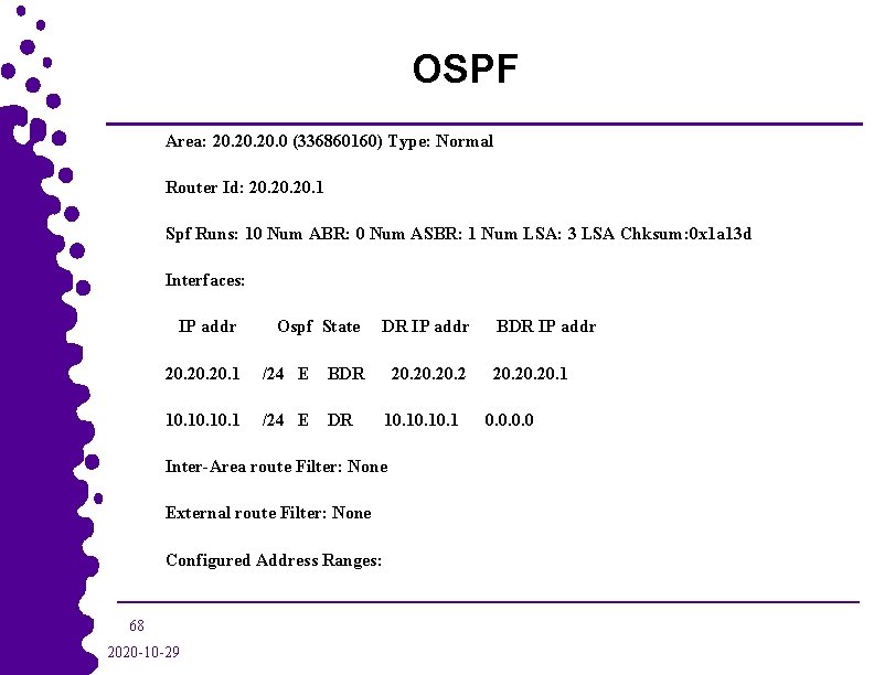OSPF Area: 20. 20. 0 (336860160) Type: Normal Router Id: 20. 20. 1 Spf
