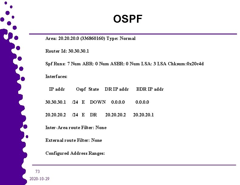 OSPF Area: 20. 20. 0 (336860160) Type: Normal Router Id: 30. 30. 1 Spf