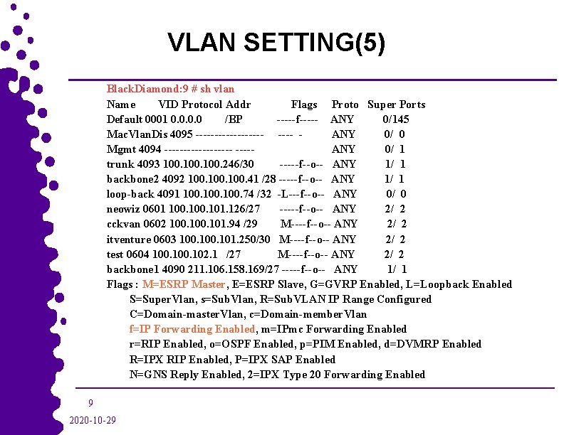 VLAN SETTING(5) Black. Diamond: 9 # sh vlan Name VID Protocol Addr Flags Proto