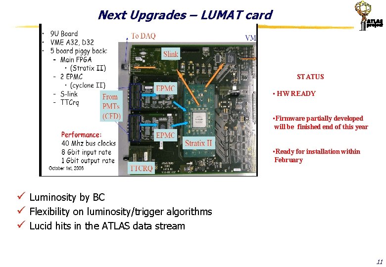Next Upgrades – LUMAT card STATUS • HW READY • Firmware partially developed will
