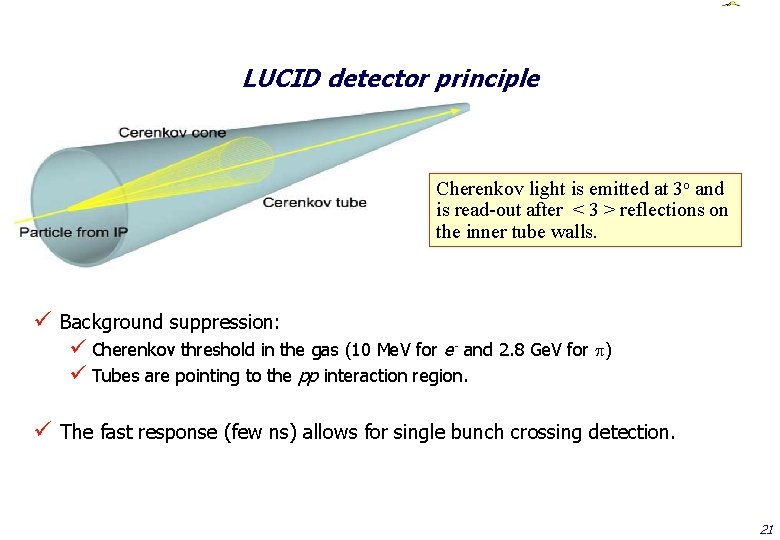 LUCID detector principle Cherenkov light is emitted at 3 o and is read-out after