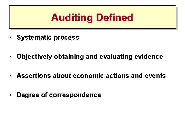 Auditing Defined • Systematic process • Objectively obtaining and evaluating evidence • Assertions about