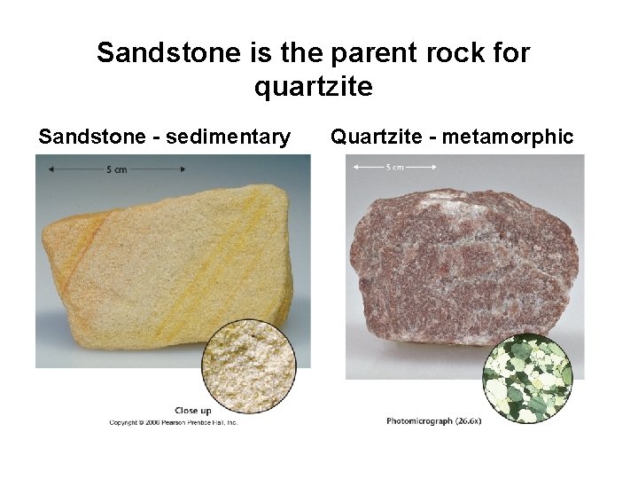 Sandstone is the parent rock for quartzite Sandstone - sedimentary Quartzite - metamorphic 