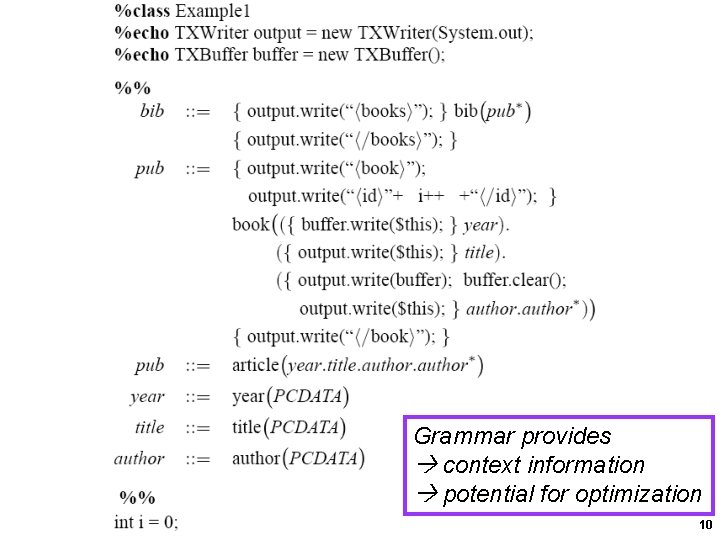 Grammar provides context information potential for optimization 10 Grammar provides context information potential for optimization 10