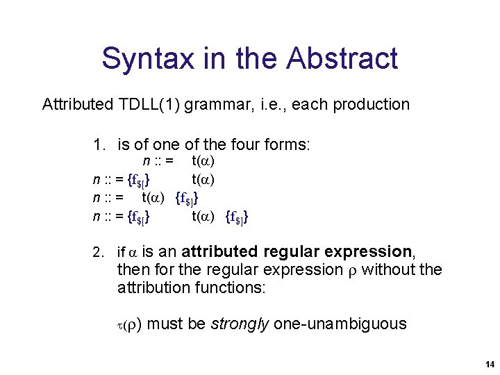 Syntax in the Abstract Attributed TDLL(1) grammar, i. e. , each production 1. is Syntax in the Abstract Attributed TDLL(1) grammar, i. e. , each production 1. is