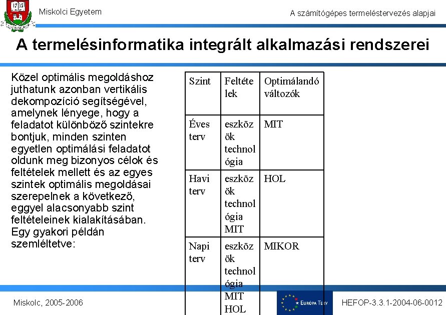 Miskolci Egyetem A számítógépes termeléstervezés alapjai A termelésinformatika integrált alkalmazási rendszerei Közel optimális megoldáshoz