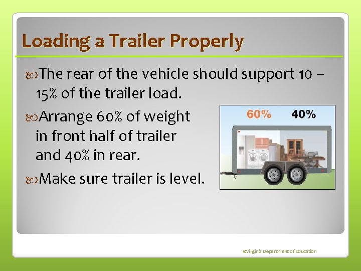 Loading a Trailer Properly The rear of the vehicle should support 10 – 15%