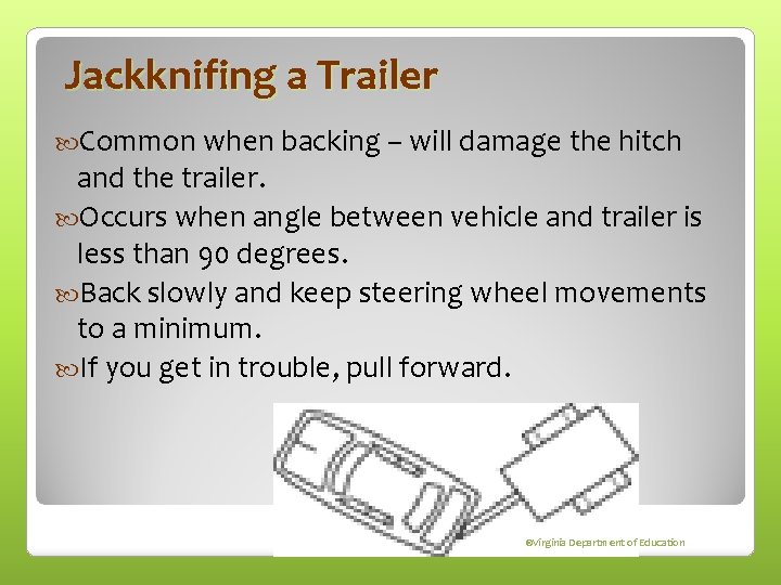 Jackknifing a Trailer Common when backing – will damage the hitch and the trailer.