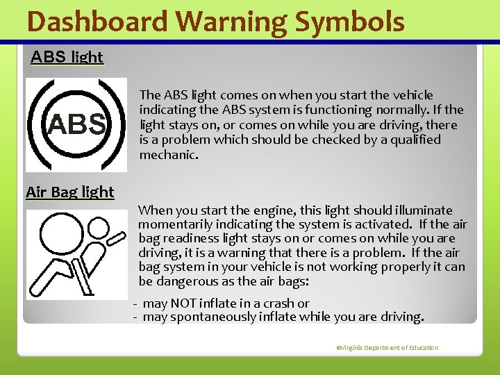 Dashboard Warning Symbols ABS light The ABS light comes on when you start the